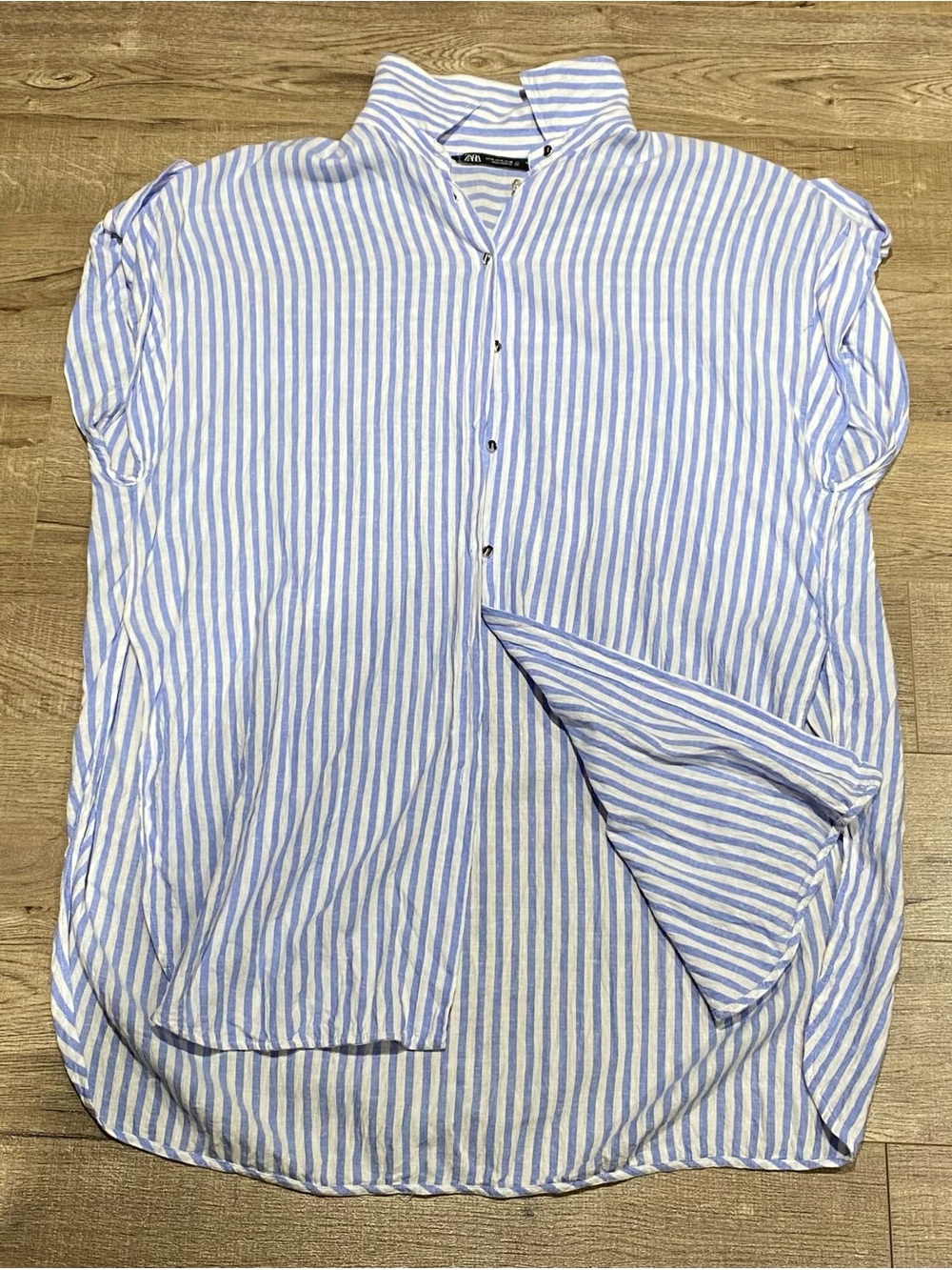 Zara Light Blue and White Striped Casual Button-Down Shirt